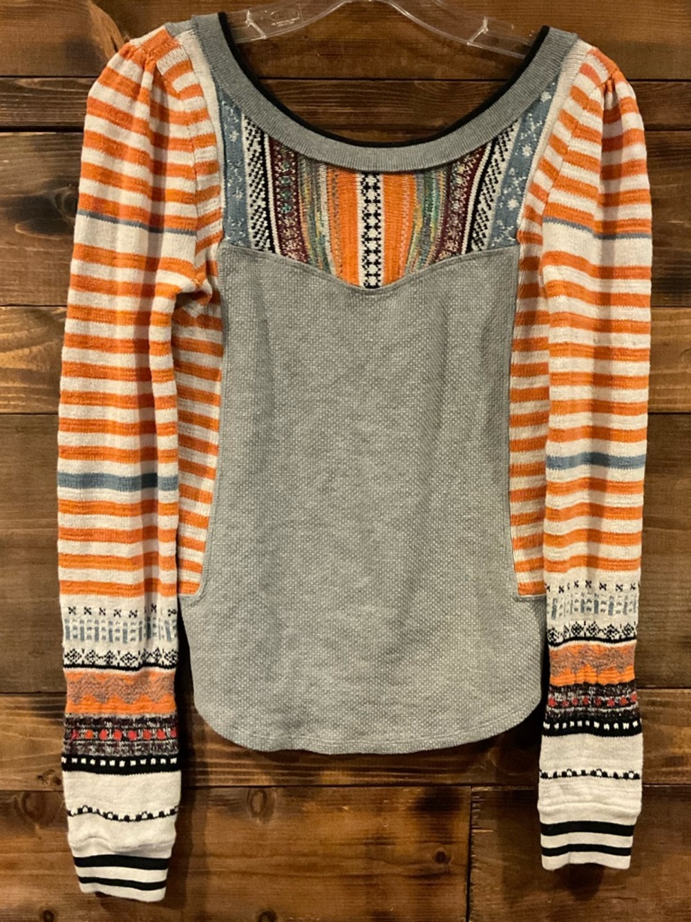 Free People Top Women XS Orange Fair Isle Sweet Gal Thermal Sweater Relaxed Boho